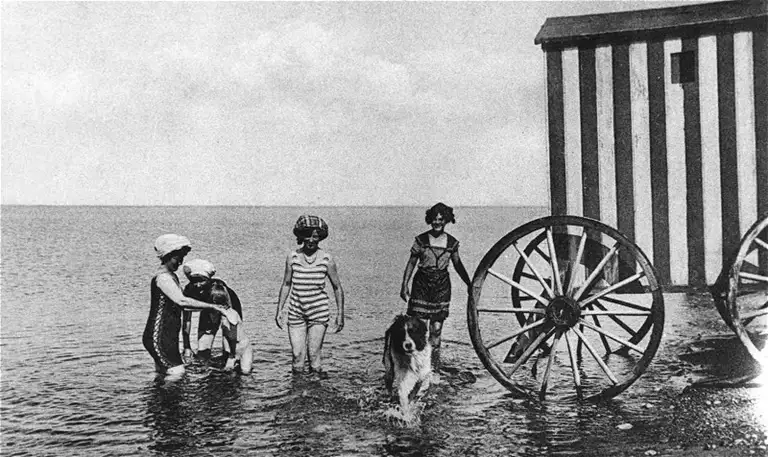 Fire damer og hund nyder Vesttranden cirka 1910