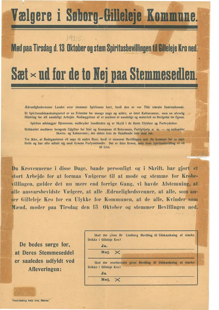 Valgkampagne i Frederiksborg Amts Avis, oktober 1925. Avissiden blev inspirationen til artiklen: &quot;S&aelig;t X ved Nej - kampen om Gilleleje Kro&quot;